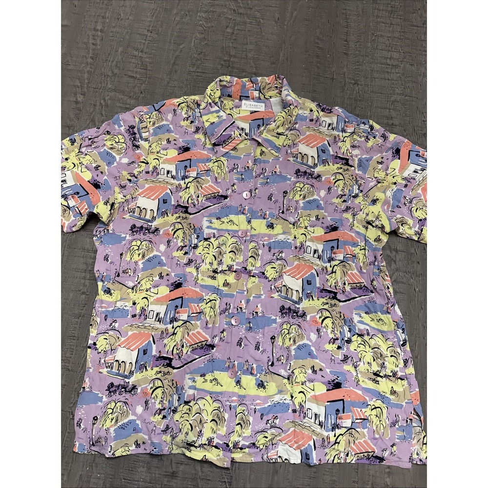 Y2K Liz Claiborne Elisabeth 16W Blouse Village print Colorful Button Up Retro